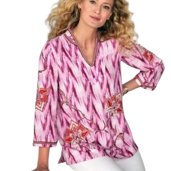 Soft Surroundings Tops - Soft Surroundings Floral Applique Blouse Pink